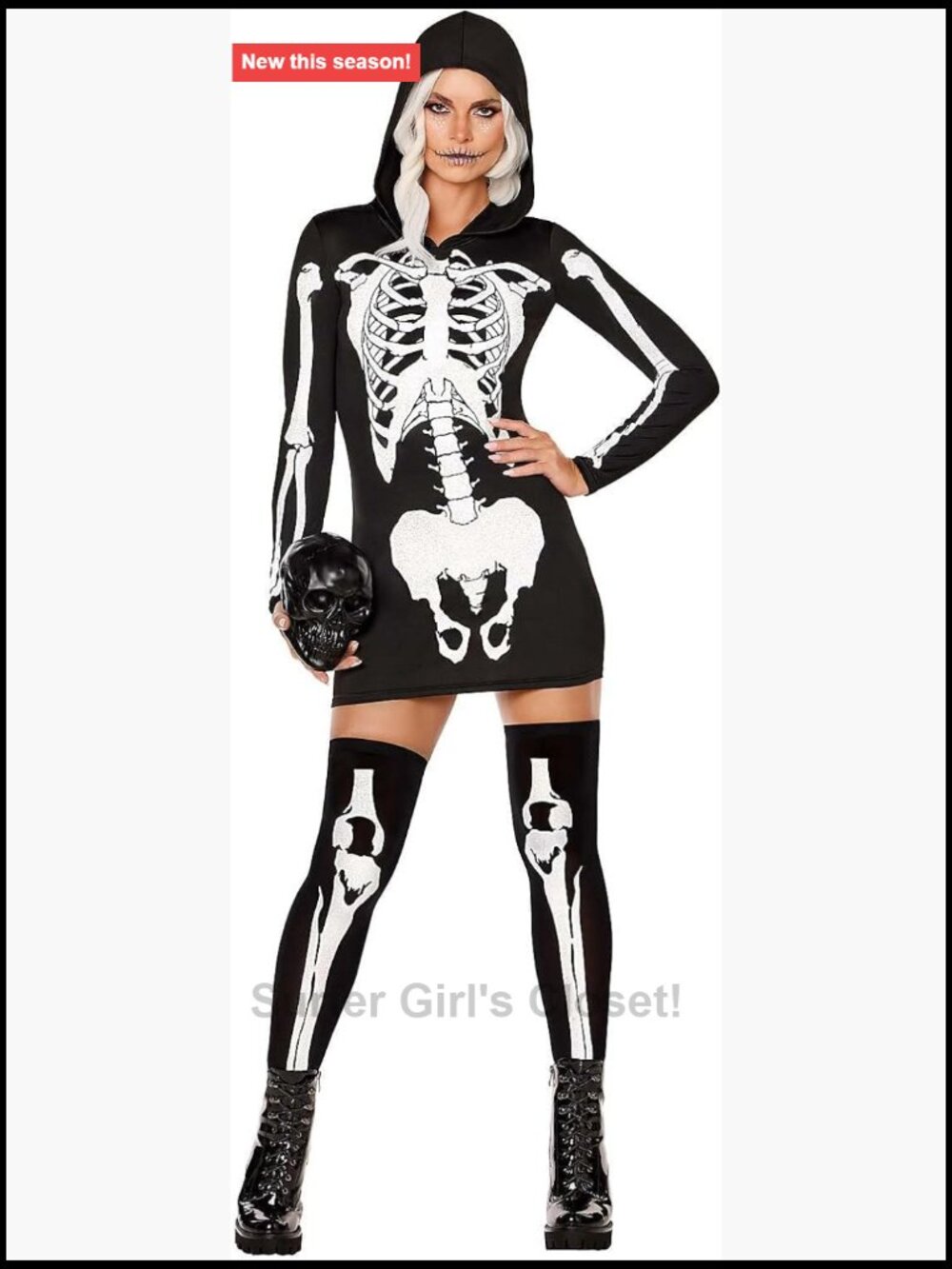 Hooded Holographic Skeleton Costume Dress & Tights Halloween
